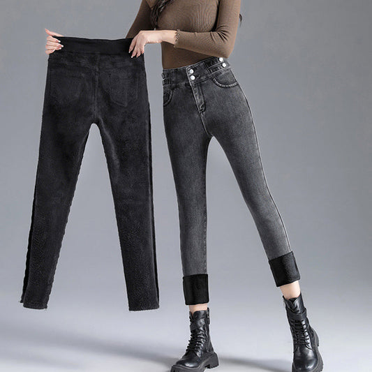 Hochtaillierte, mit dickem Plüsch gefütterte Skinny Jeans für Damen