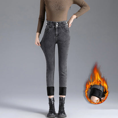 Hochtaillierte, mit dickem Plüsch gefütterte Skinny Jeans für Damen